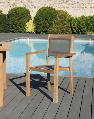 Lot de 2 fauteuils jardin empilables teck et textilène taupe