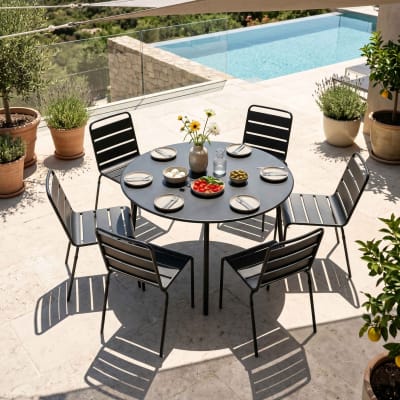 Ensemble table de jardin ronde et 6 chaises en métal anthracite