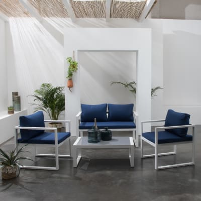 Salon de jardin 4 places en tissu bleu et aluminium blanc