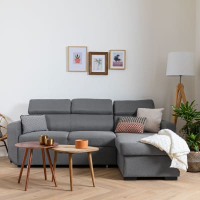 Canapé d'angle convertible 3 places en tissu gris