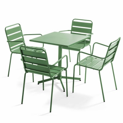 Ensemble table de jardin et 4 fauteuils en métal vert cactus