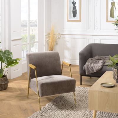 Fauteuil lounge tissu taupe métal doré accoudoirs bois