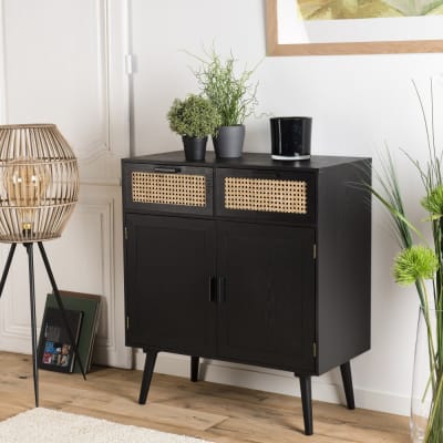 Buffet en bois 2 portes 2 tiroirs cannage noir