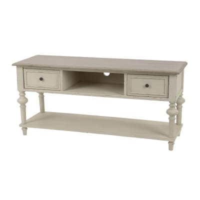 Meuble tv bas en bois 2 tiroirs 1 niche et 1 tablette blanc