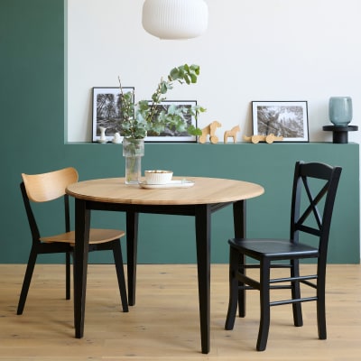 Table ronde extensible bois d105 avec 1 allonge et pieds fuseau noir