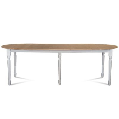 Table ronde en bois 6 pieds tournés d105 + 3 rallonges bois blanc