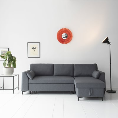 Canapé d'angle convertible 3 places en tissu gris chiné