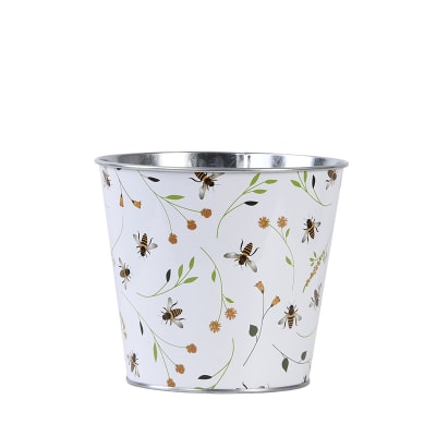 Cache-pot blanc zinc imprimé abeilles 16 cm