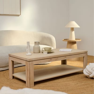 Table basse rectangulaire finition bois chêne blanchi massif
