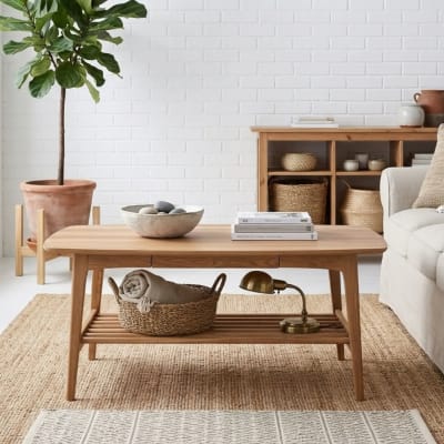 Table basse scandinave rectangulaire en bois massif avec rangement