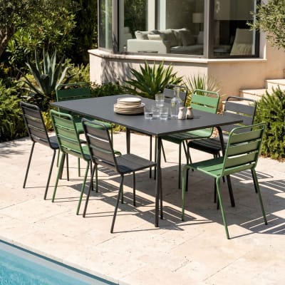 Ensemble table de jardin et 8 chaises en métal gris et vert cactus