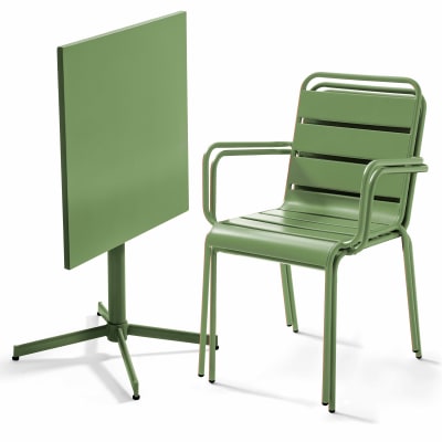 Ensemble table de jardin carrée et 2 fauteuils métal vert cactus