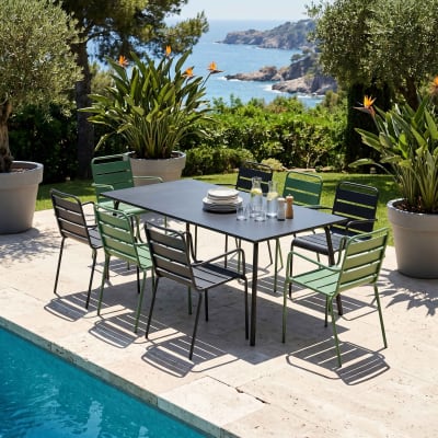 Ensemble table de jardin et 8 fauteuils en métal vert cactus et gris