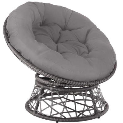 Fauteuil papasan en résine tressée acier rotatif coussin rond gris