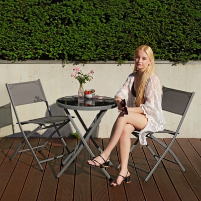 Ensemble table et chaises jardin textilène acier pliable 2 pers. Gris