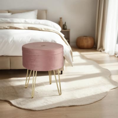 Banc tabouret coffre de rangement rond aspect velours rose