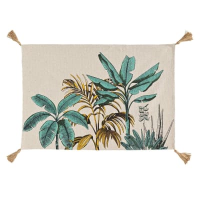 Tapis imprimé feuillages exotiques à pompons coton multicolore 90x60cm