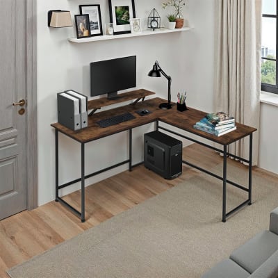 Bureau en panneau de fibres avec étagère stockage bois foncé
