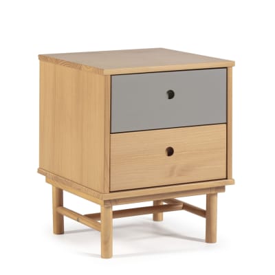 Table de chevet 2 tiroirs couleur bois et gris, bois massif
