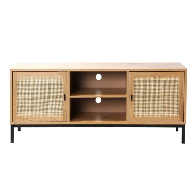 Meuble tv 2 portes avec cannage rotin et 2 niches - l120cm