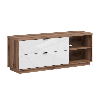 Meuble tv 2 tiroirs 2 niches 156 cm panneaux de bois mélaminés blanc