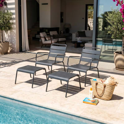 Lot de 2 fauteuils relax avec repose-pieds en métal gris