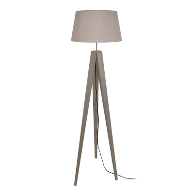 Lampadaire trepied bois taupe abat-jour tissu taupe