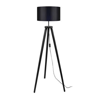 Lampadaire trepied bois noir abat-jour tissu noir