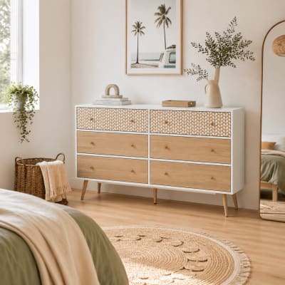 Commode  blanc et effet bois et chêne 6 tiroirs 150cm