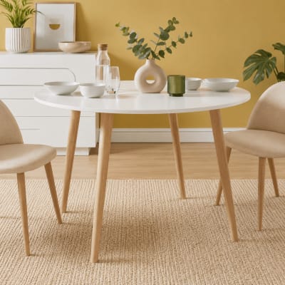 Table à manger blanc mat pieds en bois massif 120cm