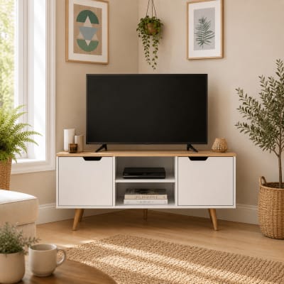 Meuble tv d'angle  blanc et effet bois et chêne 2 portes 115cm