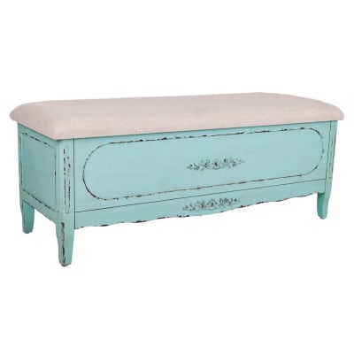 Banc bleu en bois et rembourré 120x43x48h cm