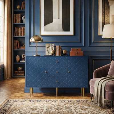 Buffet de Cuisine en Bois et Bleu Marine avec Pieds Dorés