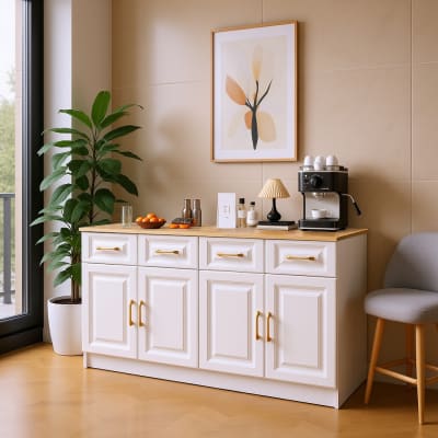 Vitrine de rangement blanc et bois avec 4 tiroirs et 4 portes