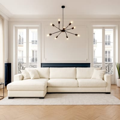 Canapé d'angle à gauche convertible 5 places en tissu bouclette beige