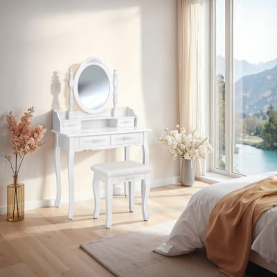 Coiffeuse able de maquillage bois miroir pivotable blanc