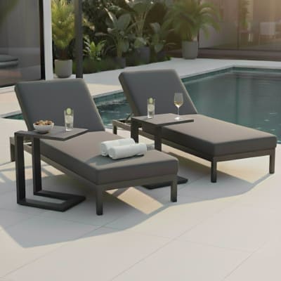 Lot de 2 bains de soleil inclinable avec tablettes en aluminium gris