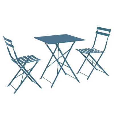 Table de jardin et 2 chaises acier 60 cm bleu pacific