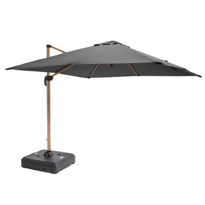Parasol déporté 3x3m et dalle à lester sur roues effet bois gris