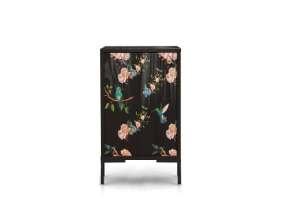 Table de chevet en MDF imprimé florale sur fond noir colibri