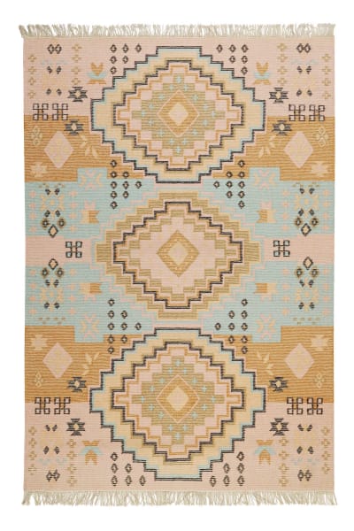 Tapis ethnique tissé main laine et coton multicolore pastel 200x290