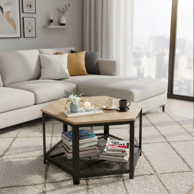 Table basse de salon hexagonal en panneau de fibres bois clair