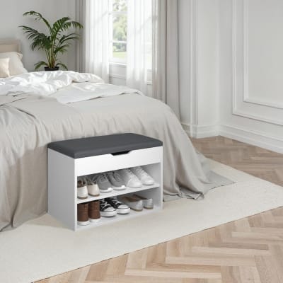 Banc à chaussures 6 paires panneau de fibres assise rembourrée blanc
