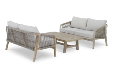 Salon de jardin table basse et 2 canapés en acacia et en corde tressée