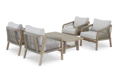 Set café jardin 4 places en acacia et corde de couleur claire