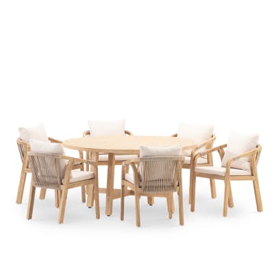 Ensemble de table ronde D1,5m et 6 chaises en bois et en corde tressée