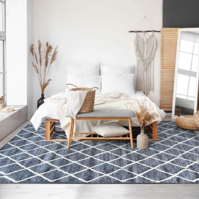 Tapis coton motifs croisillons en laine épaisse gris foncé 160x230