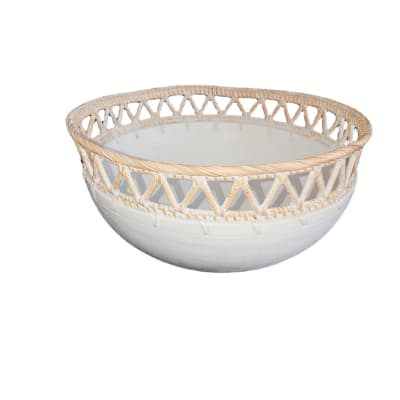 Bol rond en bois et rotin, blanc D30xH14 cm