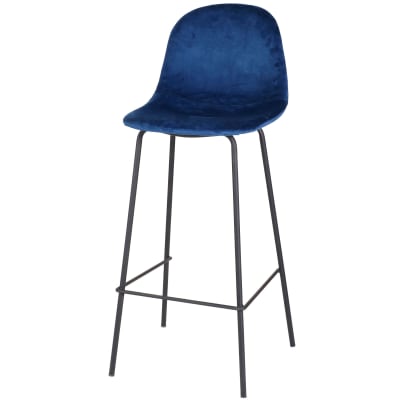 Tabouret de bar métal noir et assise velours bleu