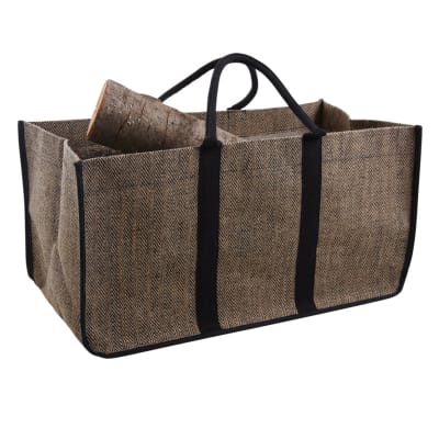 Sac à bûches chevrons en toile de jute plastifiée marron